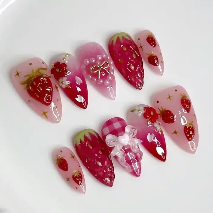 24 pièces Ins 3D nœuds papillon presse sur ongles doux fraise rose Plaid amande faux