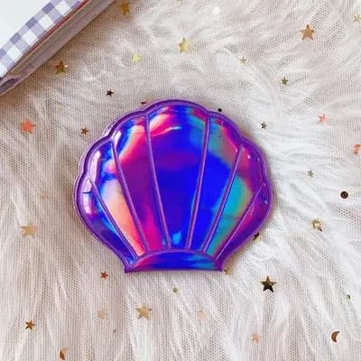 Miroir de maquillage grossissant en forme de coquillage, miroir de poche laser pliable, vanité de maquillage portable, cosmétique compact pour les mains, 2X