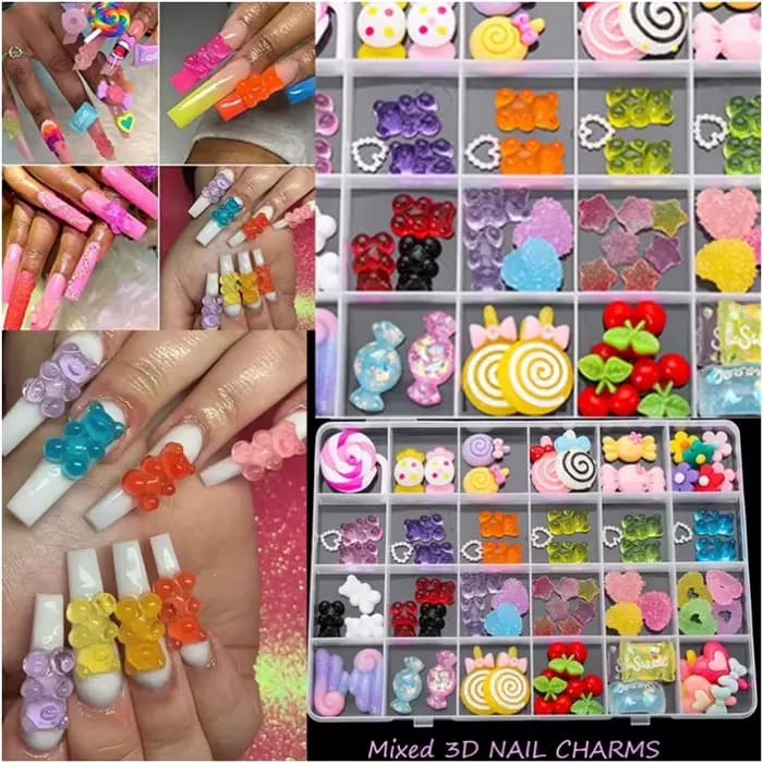 Breloques multi-formes Kawaii pour Nail Art, 20 pièces, bonbons sucrés, ours gommeux, sucette en rés