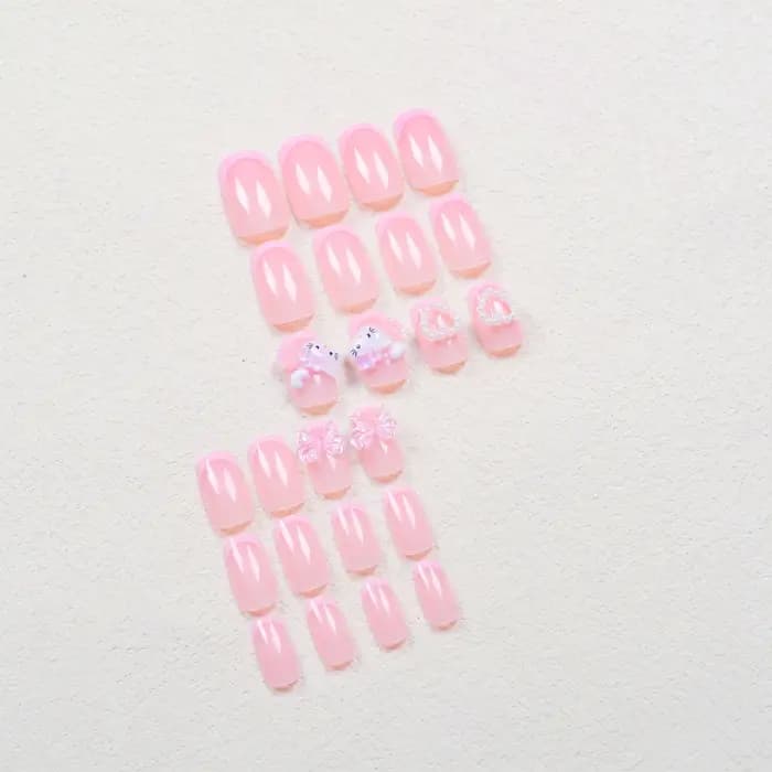 24 ongles carrés moyens rose français mignon dessin animé chat blanc amour camélia Patch pour ongles
