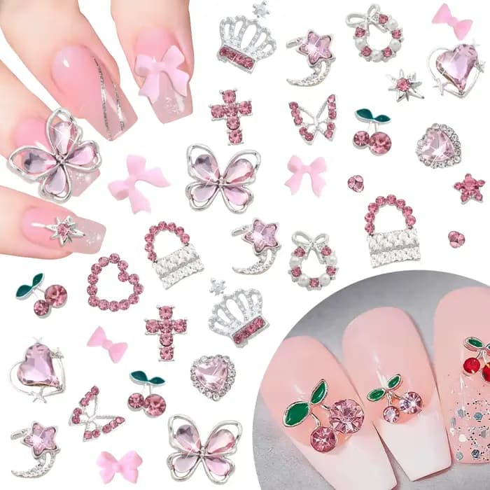 50/58 pièces mixte luxe rose cristal papillon/arc Y2k ongles breloques 3D métal argent alliage Nail
