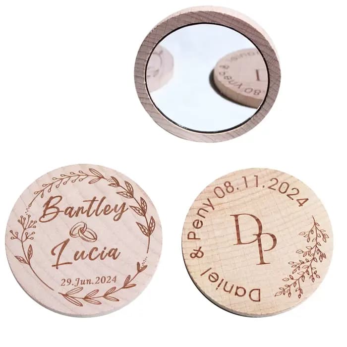 Miroirs Circulaires en Bois Gravés Personnalisés, Miroir de Maquillage de Poche, Cadeau de Mariage,