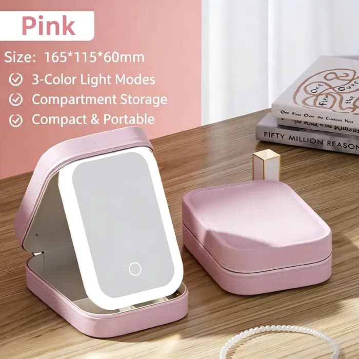 Miroir de maquillage à LED avec boîte à bijoux 2 en 1, miroir cosmétique portable de voyage avec ran