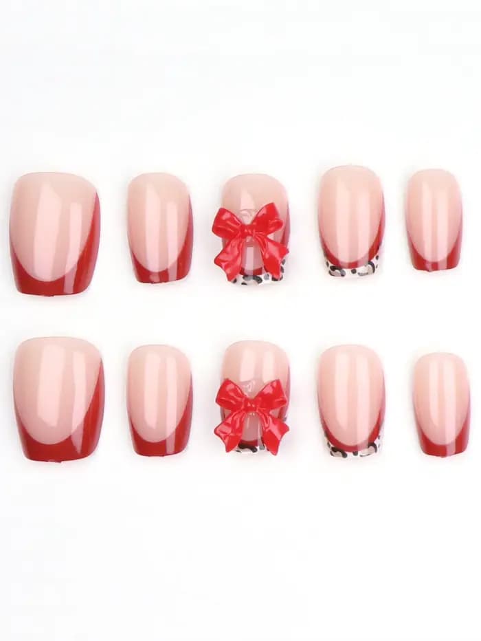 10 pièces-faux ongles de forme courte avec nœud papillon rouge-ensemble d'ongles de faux couverture