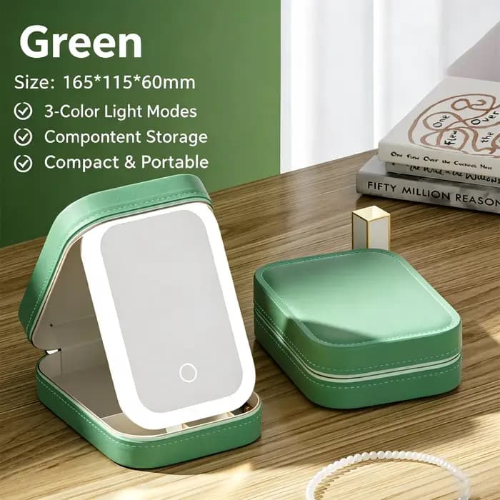 Miroir de maquillage à LED avec boîte à bijoux 2 en 1, miroir cosmétique portable de voyage avec rangement, lumière à 3 couleurs réglables, rechargeable par USB
