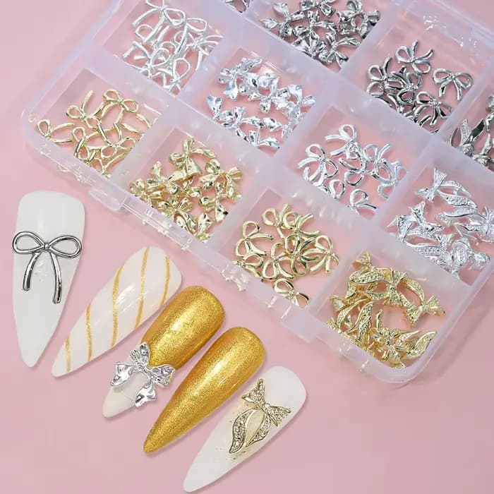96/50 pièces 3D nœud papillon/ruban métal Nail Art breloques argent/or alliage arcs ongles strass dé