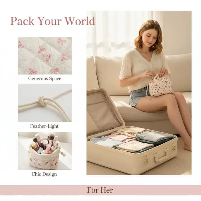 Pochette à maquillage matelassée en coton avec cordon de serrage