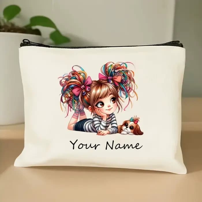 Ajouter votre nom Trousse de maquillage Motif de fille mignonne Sacs de rangement de toilette portables à fermeture éclair Pochette cosmétique pour femme A amie Cadeau de Noël
