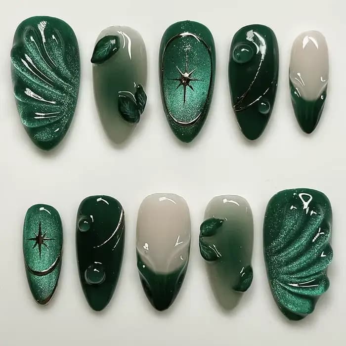 Faux ongles ovales mi-longs à pression en amande bleue, 24 pièces, avec perles 3D, pointes à motif d