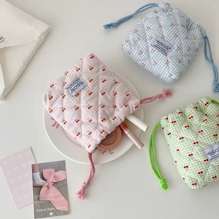 Trousse de maquillage matelassée en coton avec cordon de serrage