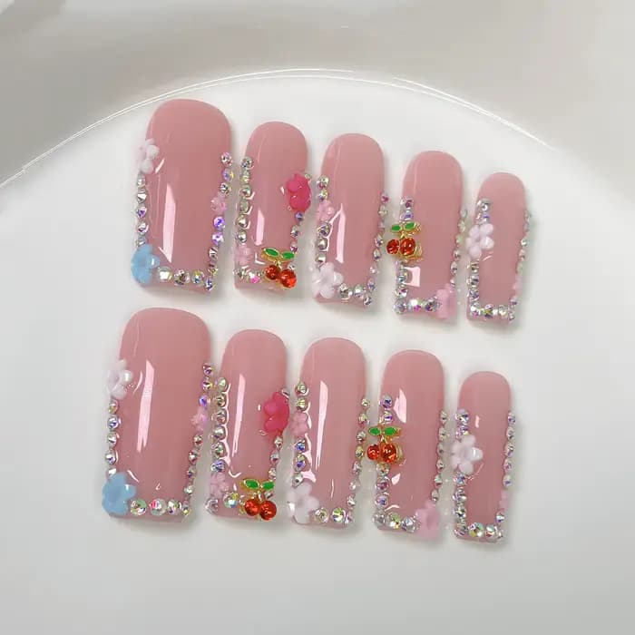 Faux ongles longs en forme de cercueil, faits à la main, couleur rose chair, à pression, motifs de f
