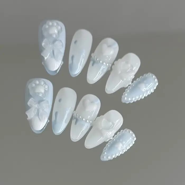 Faux Ongles à Pression Fait à la Main, Design de Patte d'Ours Mignon, Bleu Clair, Couverture Complèt