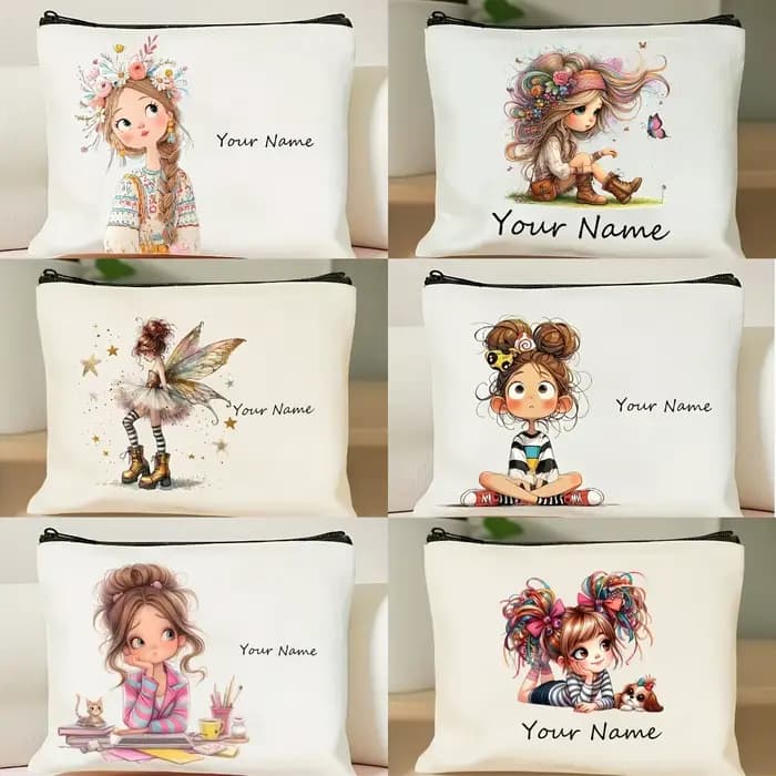 Ajouter votre nom Trousse de maquillage Motif de fille mignonne Sacs de rangement de toilette portables à fermeture éclair Pochette cosmétique pour femme A amie Cadeau de Noël