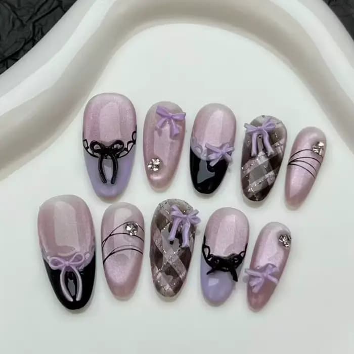 10 pièces violet oeil de chat fait à la main faux ongles conseils paillettes mi-longue ovale presse