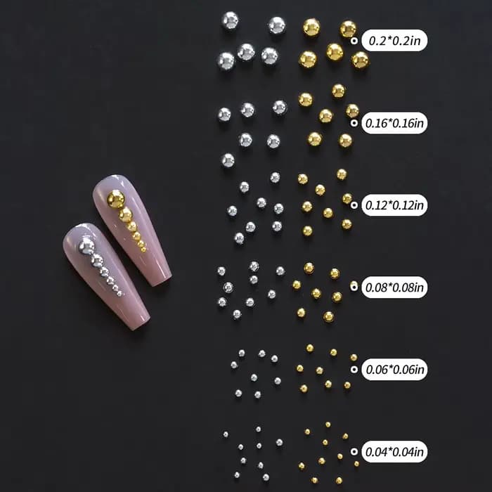 1 boîte de strass demi-ronds à dos plat pour ongles, multi-tailles, perles métalliques or et argent,