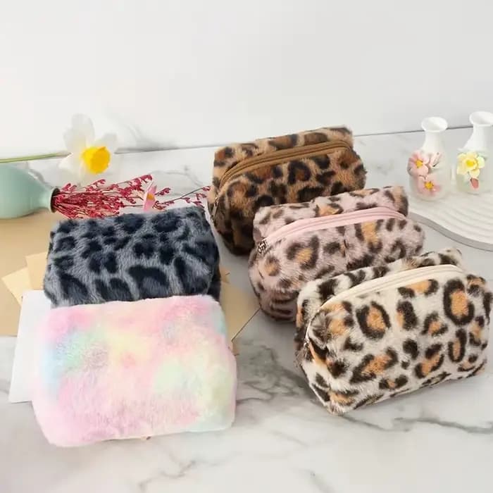 1 grande trousse à crayons et sac de rangement pour cosmétiques en daim imprimé léopard