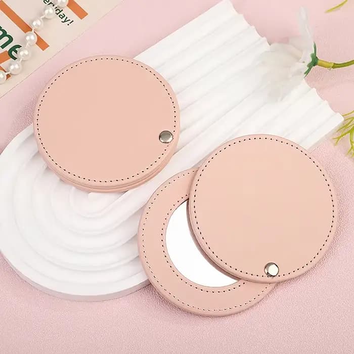 Mini miroir Compact Portable incassable en acier inoxydable avec manchon en cuir PU pour sac à main