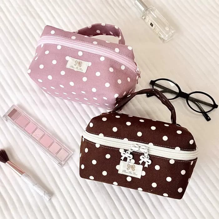 Sac de maquillage portable en tissu à pois Sweet In's avec couvercle rabattable