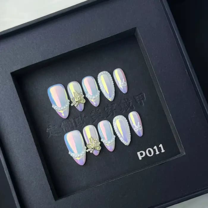 10 pièces à la main français presse sur ongles bord blanc conception amande faux ongles réutilisable