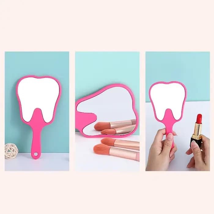Miroir de maquillage haute définition en forme de dent avec poignée