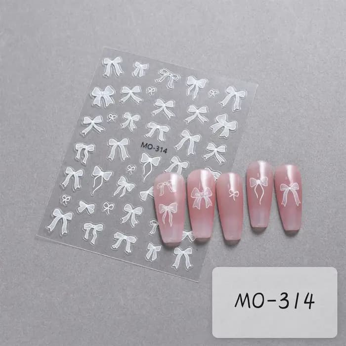 Autocollants pour ongles à nœud papillon, ruban blanc en Relief 3D, mignon, rose doux, autocollants