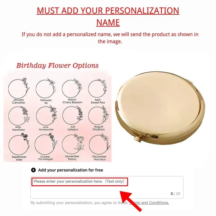 Cadeau personnalisé personnalisé avec nom miroir compact floral élégant finition dorée rose miroir d
