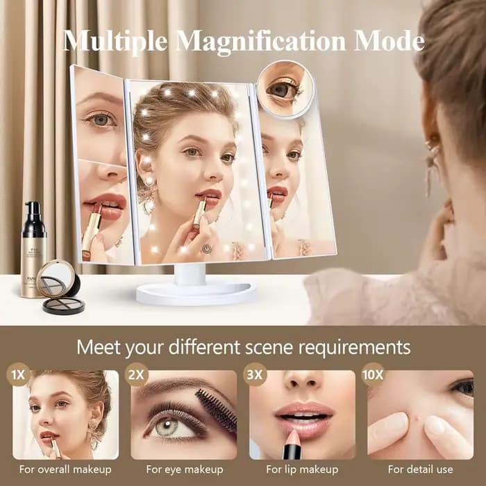 Miroir de courtoisie éclairé Triple pli 22 lumières LED écran tactile
