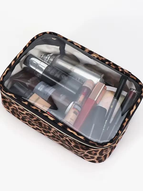 Trousse de maquillage transparente imprimé léopard – Organisateur de cosmétiques de voyage imperméable de grande