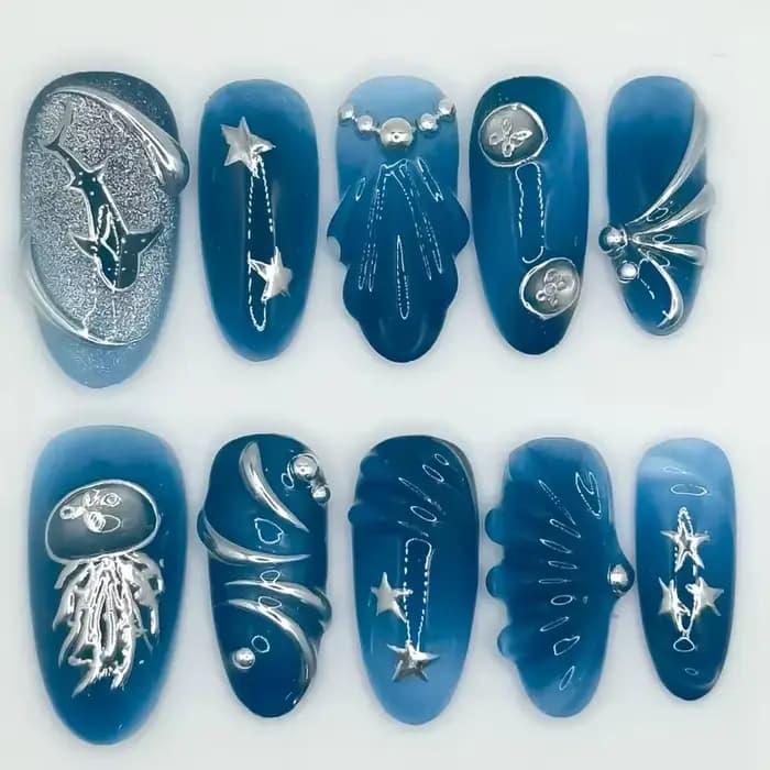10 pièces à la main faux ongles Art océan coquillage Design bleu mi-long ovale faux ongles conseils