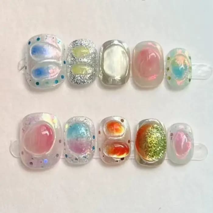 10 pièces mignon court rond à la main faux ongles paillettes coloré 3D doux Cool Art fini