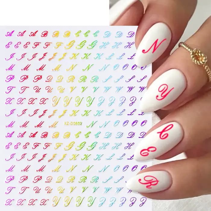Autocollants pour ongles avec lettres romaines 3D, 1 pièce, or/argent/noir/Laser Alphabet, décalcoma