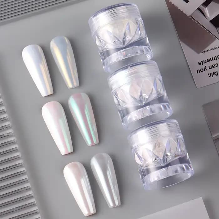 Poudre à ongles en forme de perle chromée blanche, 1 boîte, miroir aurore, Pigment pour Nail Art, effet féerique rose, scintillant, décoration pour Nail Art