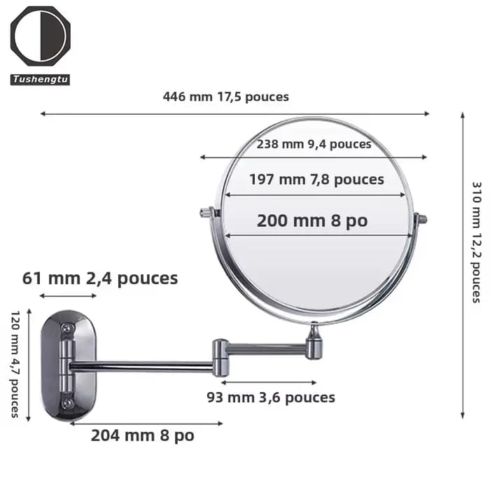 TUSHENGTU Miroir de maquillage mural pivotant 360 de 8 pouces