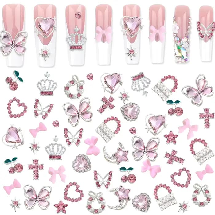 50/58 pièces mixte luxe rose cristal papillon/arc Y2k ongles breloques 3D métal argent alliage Nail