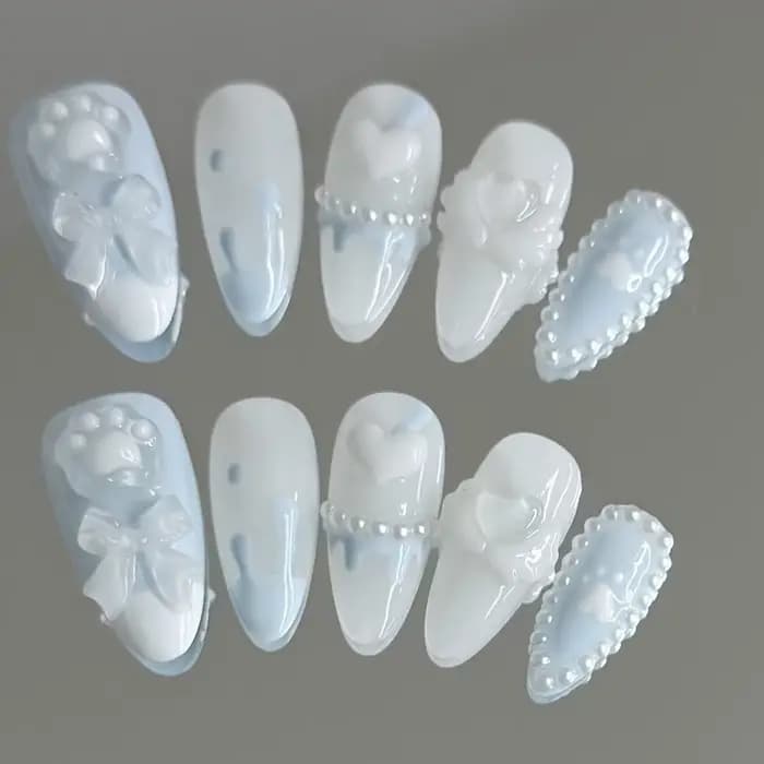 Faux Ongles à Pression Fait à la Main, Design de Patte d'Ours Mignon, Bleu Clair, Couverture Complèt