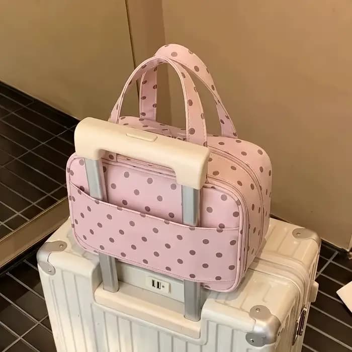 Nouvelle Trousse de Maquillage Portable Grande Capacité à Pois avec 3 Compartiments pour Femmes