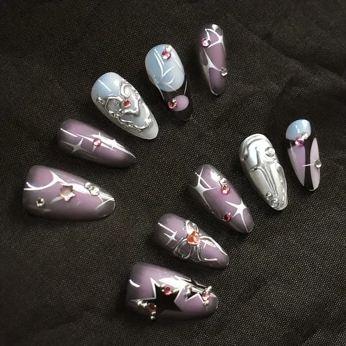 Faux ongles violet foncé, Design diamant 3d, à pression faite à la main, couverture complète, portab