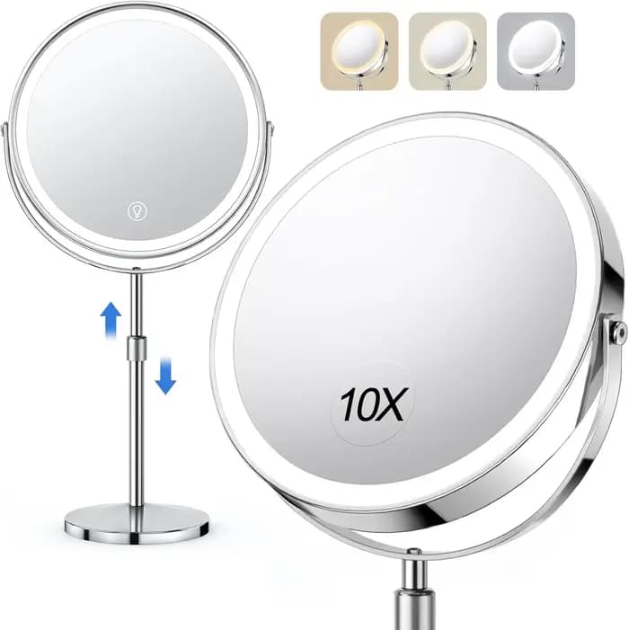 Miroir de maquillage de 8 pouces avec lampe lumineuse grossissement 10X 3 lumières de couleur