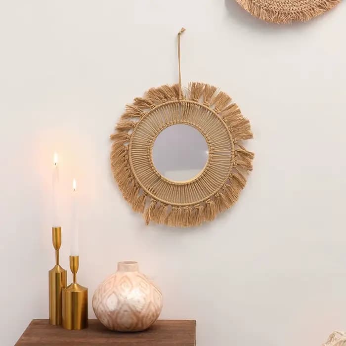 Miroirs muraux ronds, décoration de chambre, miroir décoratif tissé à la main, miroir mural suspendu