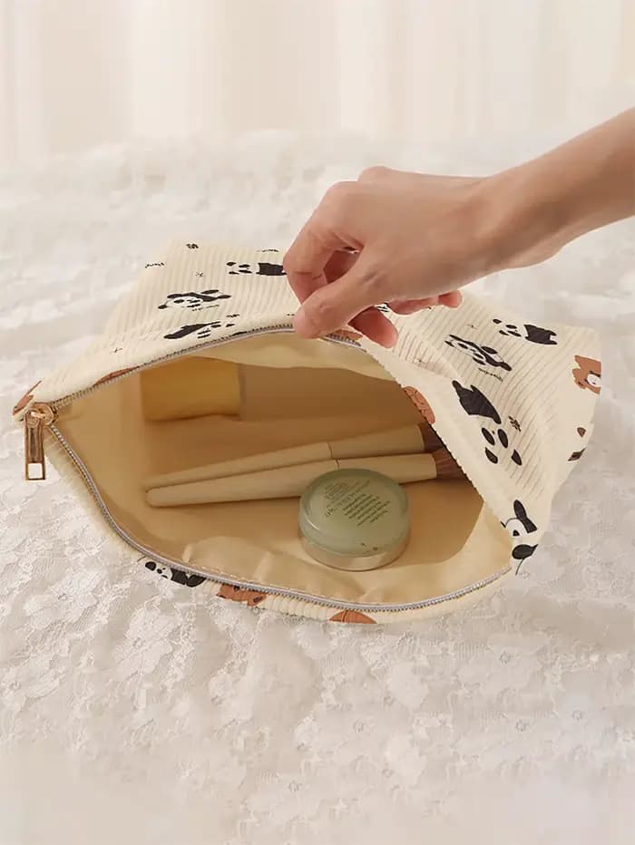 1 trousse de maquillage en velours côtelé à motifs panda