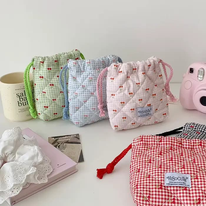 Trousse de maquillage matelassée en coton avec cordon de serrage