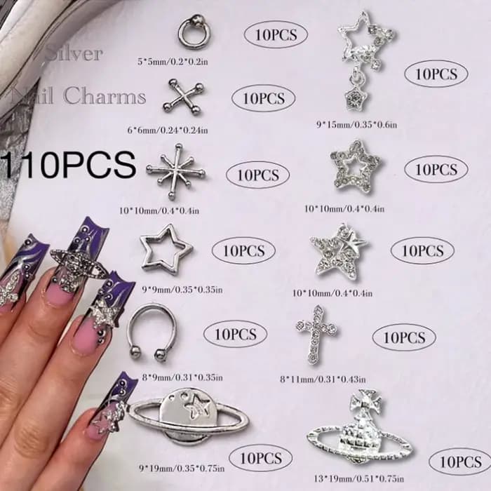 Breloques à ongles en alliage pour Nail Art, étoile argentée, planète, croix, décoration, charbon, b