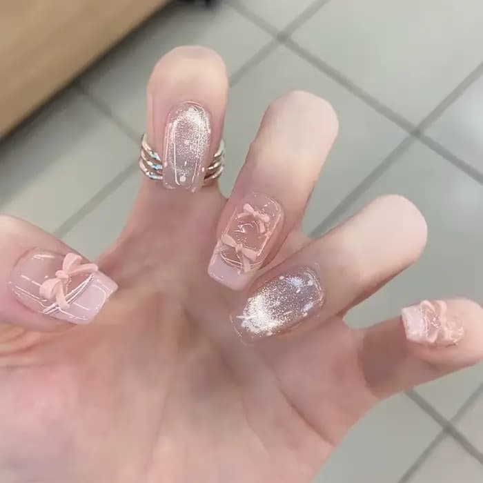 24 pièces paillettes diamant presse sur ongles Blush rose oeil de chat faux