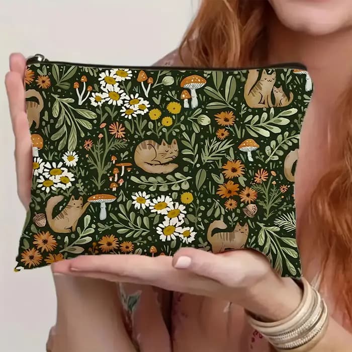 Charmant trousse de maquillage chat et champignon floral – Design spacieux double face avec fermeture éclair | Parfait
