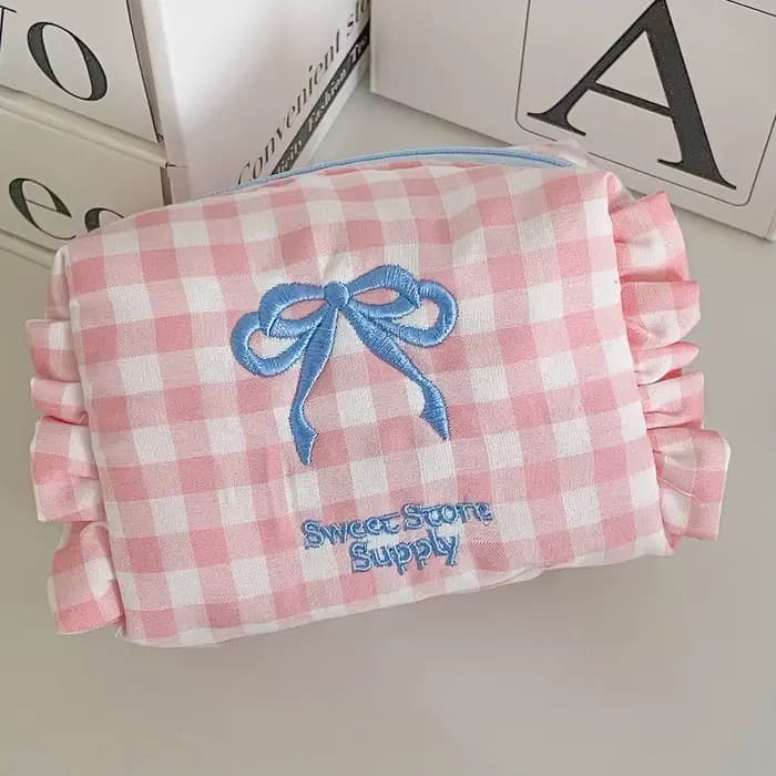 Kawaii sac cosmétique Plaid arc trousse de Maquillage mignon petit sac fille Style doux à volants