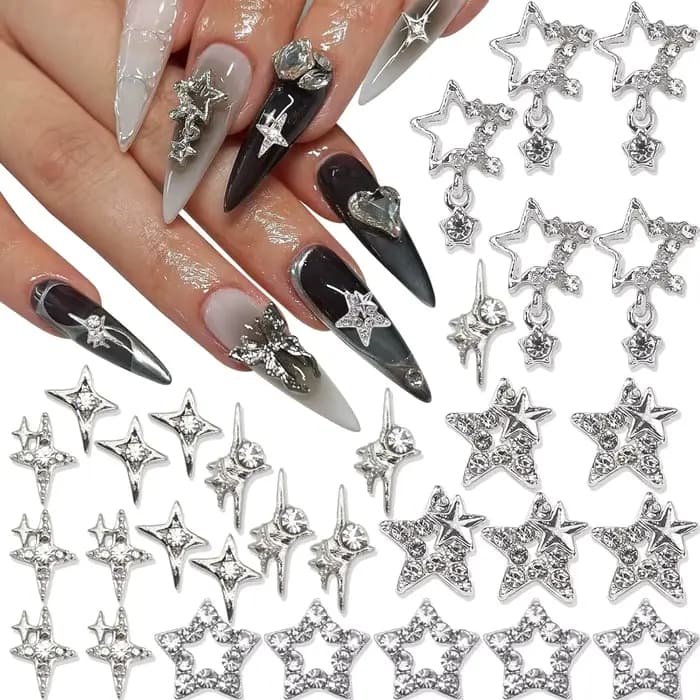 Breloques pour ongles en forme d'étoile argentée, 30 pièces, étoiles 3D brillantes, gemmes pour ongl