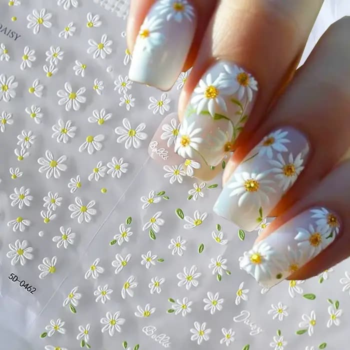 2 pièces 5D blanc marguerite Design Nail Art autocollants en relief marguerite fleur feuille verte N