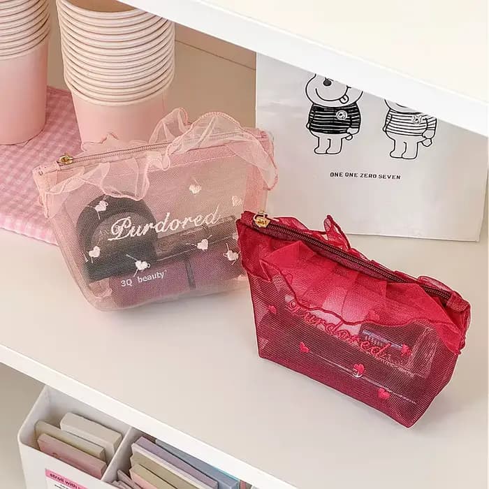 Sac de maquillage portable imperméable en dentelle brodée rose style Y2K pour l'été et la plage
