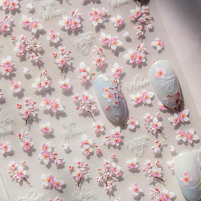 Autocollant 5D pour Nail Art, pétale de printemps, fleurs de cerisier, branche de pêche vivante, adh