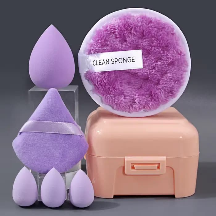 Ensemble d'éponges de maquillage violettes avec boîte de rangement, utilisation humide et sèche, épo